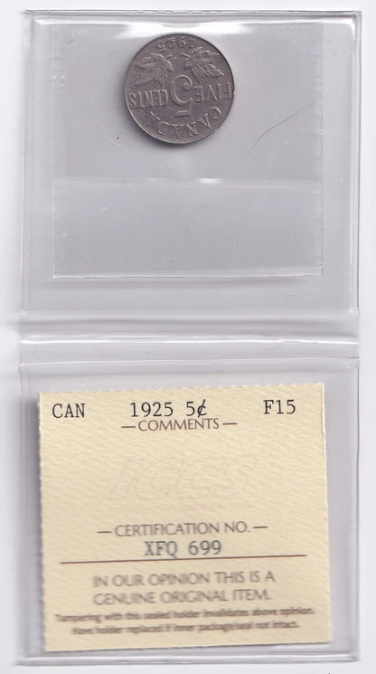 Canada 1925 5c Five Cent Nickel Coin ICCS Graded F 15 - cscoinsnbanknotes