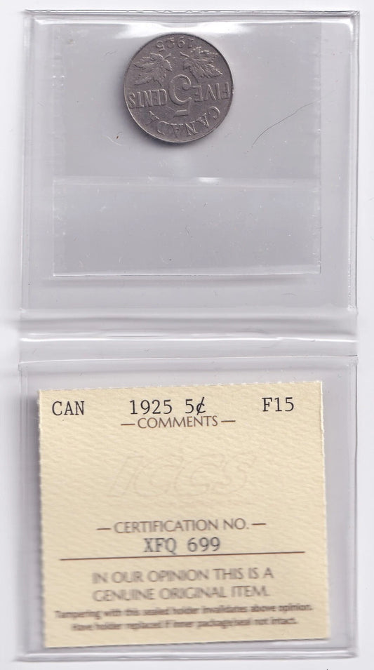 Canada 1925 5c Five Cent Nickel Coin ICCS Graded F 15 - cscoinsnbanknotes