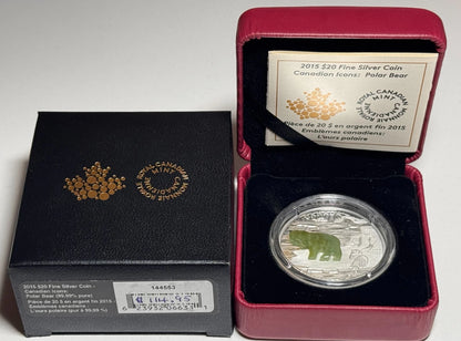 Canada $20 2015 Silver 1oz Proof 'Canadian Icons Polar Bear with Jade