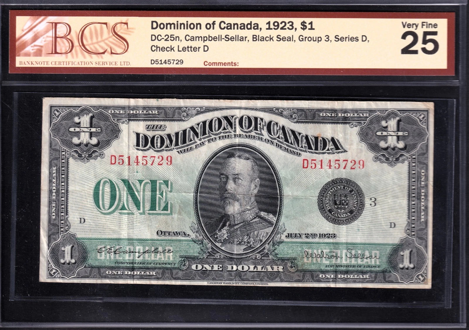 Dominion Of Canada 1923 $1 One Dollar Banknote BCS Graded VF25 Black Seal Group3 - cscoinsnbanknotes