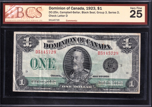 Dominion Of Canada 1923 $1 One Dollar Banknote BCS Graded VF25 Black Seal Group3 - cscoinsnbanknotes