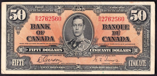 Canada 1937 $50 Fifty Dollar Banknote Gordon - Towers BC-26b EF Extra Fine Prefix B/H