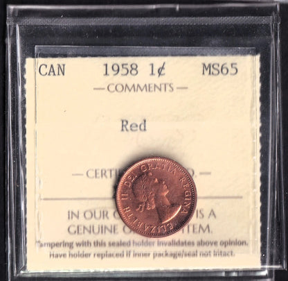 Canada 1958 One Penny Queen Elizabeth II ICCS Graded MS 65 Red