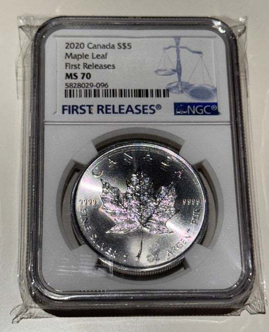 Canada 2020 $5 1oz Pure .9999 Silver First Releases Maple NGC Graded MS-70