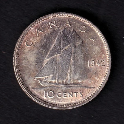 Canada 1942 10c Ten Cent Silver Coin King George VI Almost UNC .800 Silver