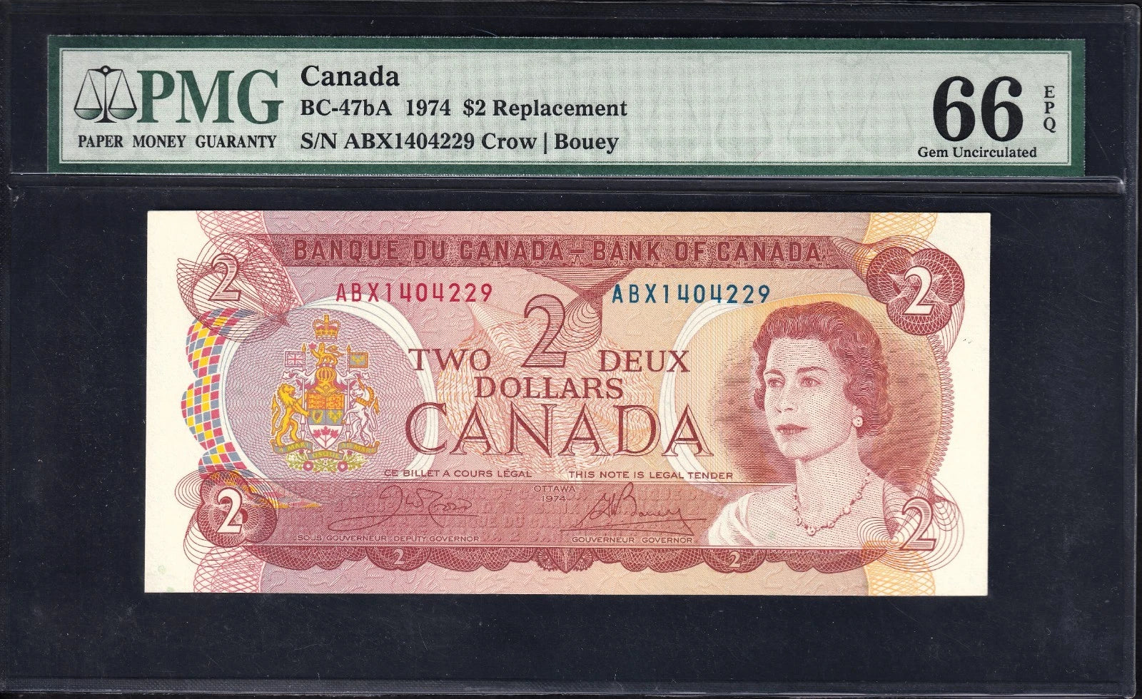 Canada 1974 $2 Two Dollar Replacement Banknote ABX PMG Graded Gem UNC 66 - cscoinsnbanknotes