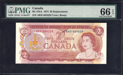 Canada 1974 $2 Two Dollar Replacement Banknote ABX PMG Graded Gem UNC 66 - cscoinsnbanknotes