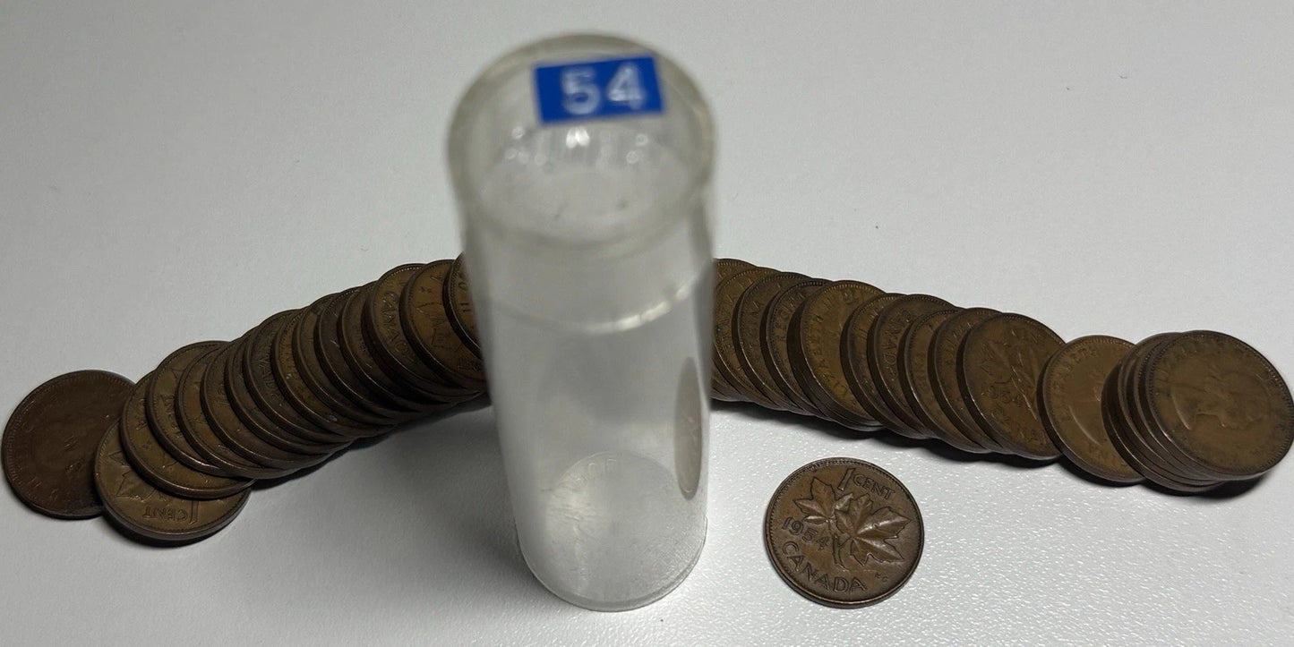 Canada 1954 Solid Date Roll of 50 Average Condition Pennies Scarce Semi Key Date
