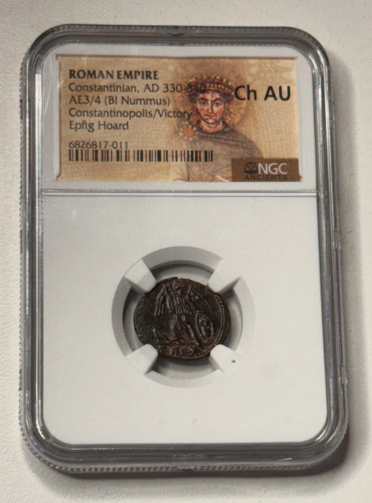 Constantinian Roman Empire BI Nummus AE3/4 NGC AU Ancient Epfig Hoard Victory