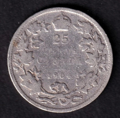 Canada 1904 25c Twenty Five Cent Silver Coin King Edward VII G Good .925 Silver