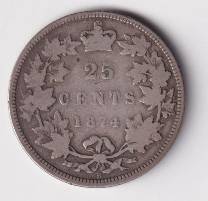 1874 H Canada Silver Quarter 25 Twenty Five Cent Piece Queen Victoria