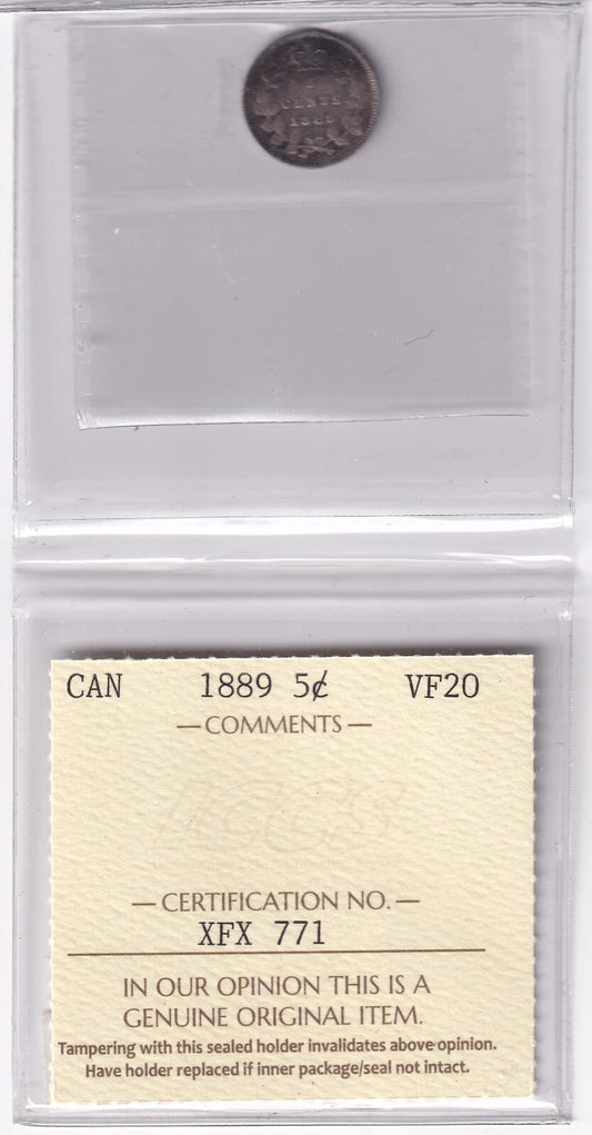 Canada 1889 Five Cent 5c Silver Coin ICCS Graded Very Fine VF 20 .925 Silver - cscoinsnbanknotes