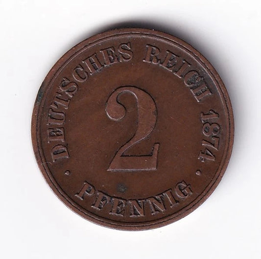 Germany 1874E 2pf Two Pfennigs Copper Coin Emperor Wilhelm I Minted Mildenhutten - cscoinsnbanknotes