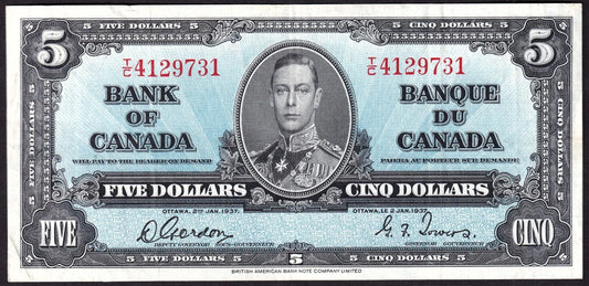 Canada 1937 $5 Five Dollar Banknote Gordon - Towers BC-23b Extra Fine XF - cscoinsnbanknotes