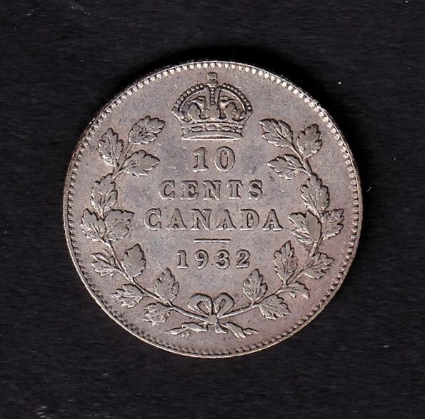 Canada 1932 10c Ten Cent Silver Coin King George V Very Fine .800 Silver