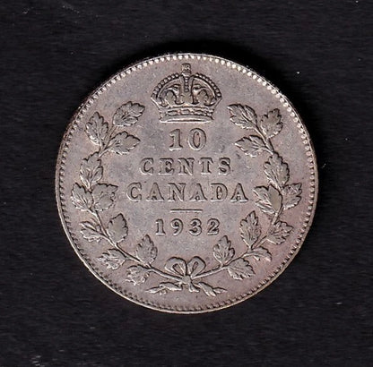Canada 1932 10c Ten Cent Silver Coin King George V Very Fine .800 Silver