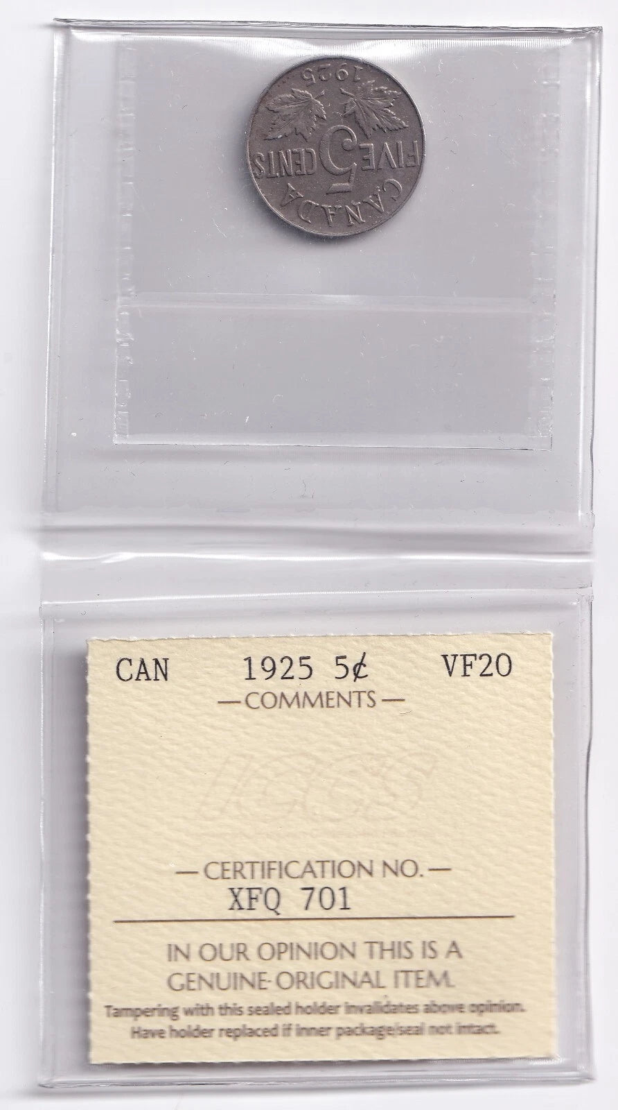 Canada 1925 5c Five Cent Nickel Coin ICCS Graded Very Fine VF 20 - cscoinsnbanknotes
