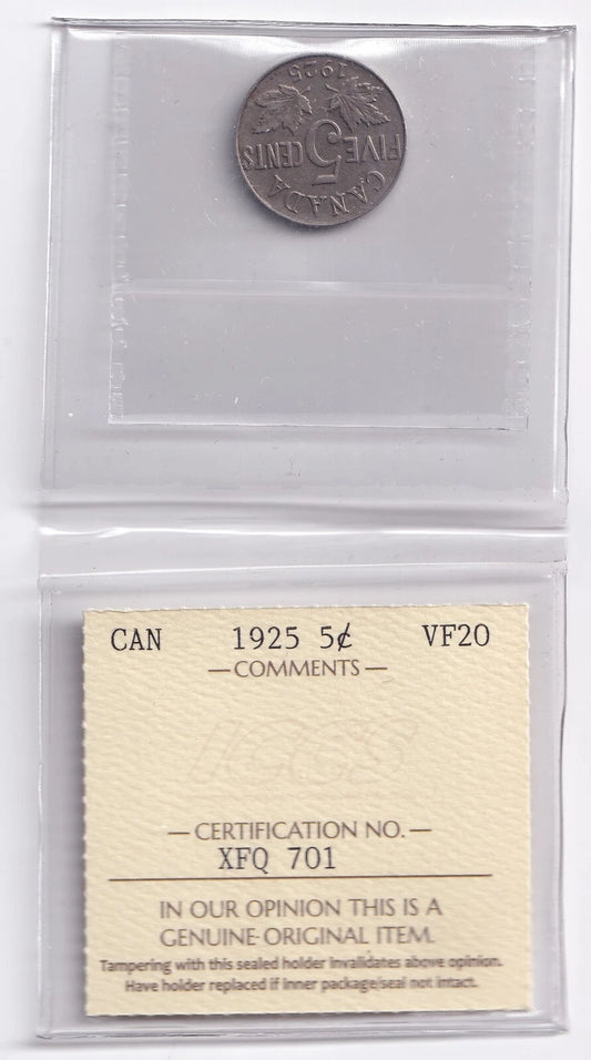 Canada 1925 5c Five Cent Nickel Coin ICCS Graded Very Fine VF 20 - cscoinsnbanknotes