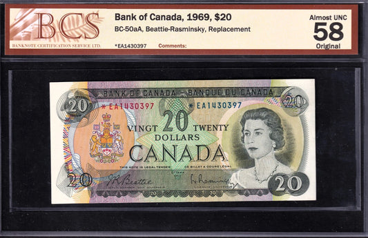 Canada 1969 $20 Twenty Dollar Replacement Banknote *EA1430397 BCS Graded AU58 - cscoinsnbanknotes