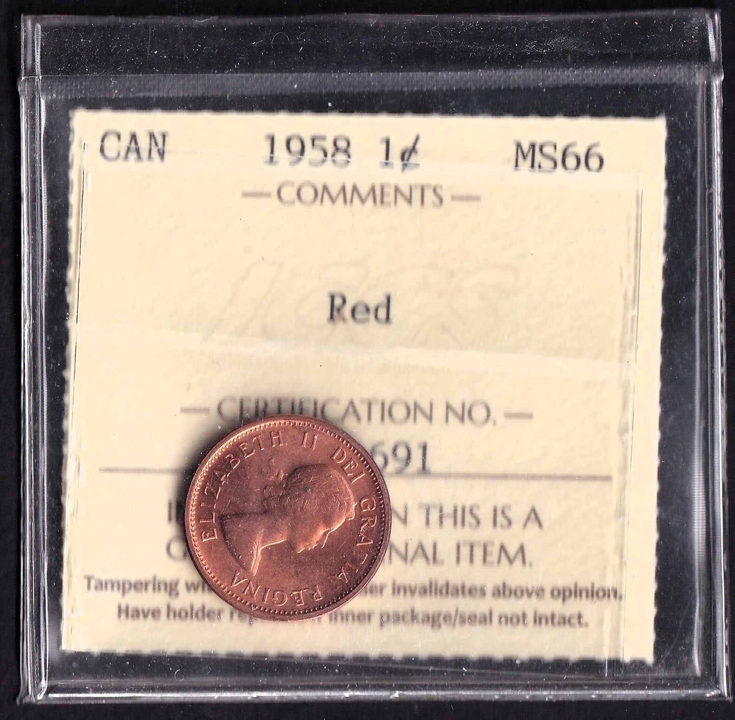 Canada 1958 One Penny Queen Elizabeth II ICCS Graded MS 66 Red
