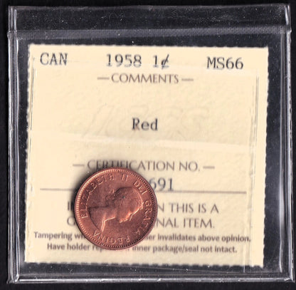 Canada 1958 One Penny Queen Elizabeth II ICCS Graded MS 66 Red