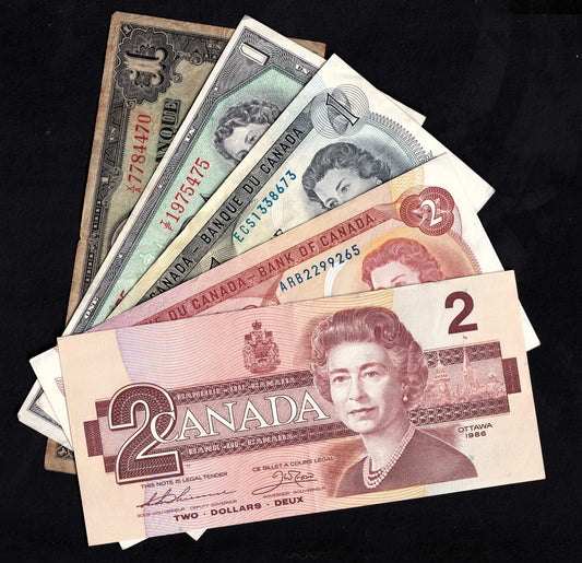 Canada Banknote Starter Lot – 5 Mixed Notes Various 1937, 1954, 1973, 1974, 1986 - cscoinsnbanknotes