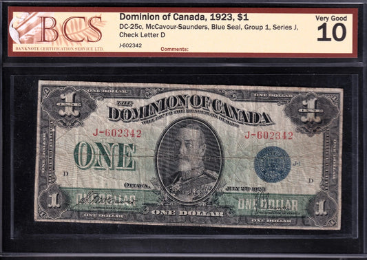 Dominion Of Canada 1923 $1 One Dollar Banknote BCS Graded VG 10 Blue Seal Group1 - cscoinsnbanknotes