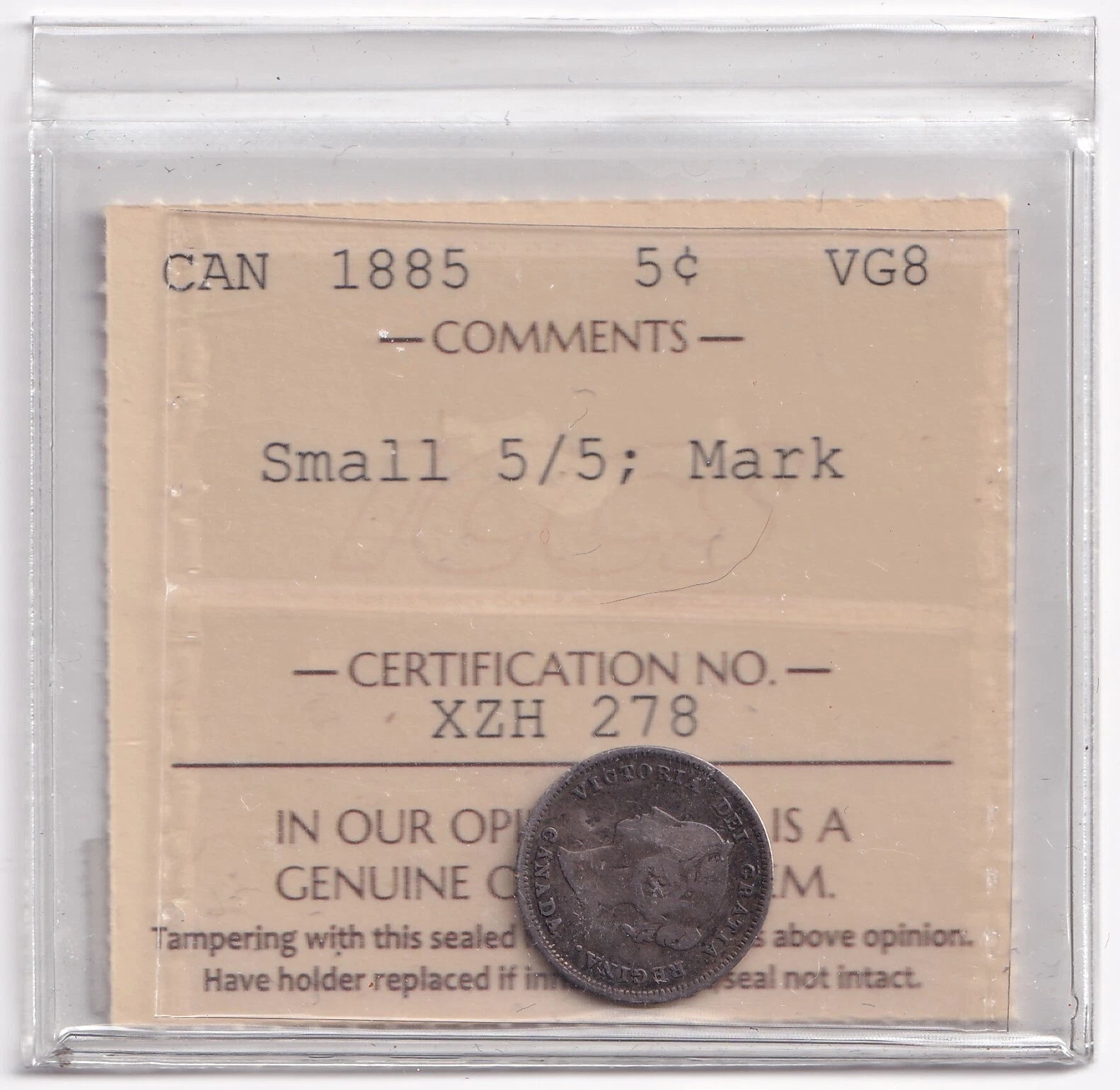 Canada 1885 Five Cent 5c Silver Coin ICCS Graded VG8 Small 5/5 Mark - cscoinsnbanknotes
