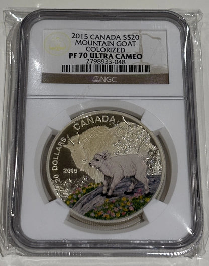 Canada 2015 $20 Silver Coin Mountain Goat Colourized NGC Graded PF-70 UC RCM