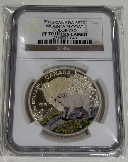 Canada 2015 $20 Silver Coin Mountain Goat Colourized NGC Graded PF-70 UC RCM