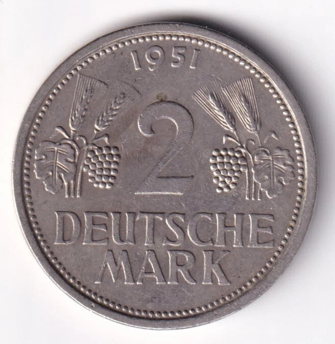 Germany 1951J 2dem Two Deutsche Mark Copper-Nickel Coin Hamburgishe Munze Mint - cscoinsnbanknotes