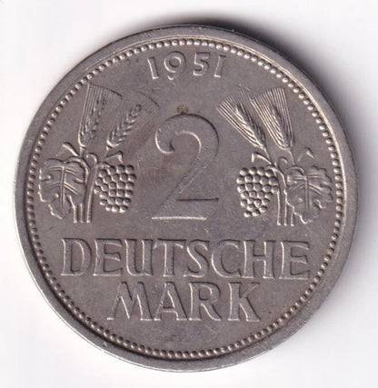 Germany 1951J 2dem Two Deutsche Mark Copper-Nickel Coin Hamburgishe Munze Mint - cscoinsnbanknotes