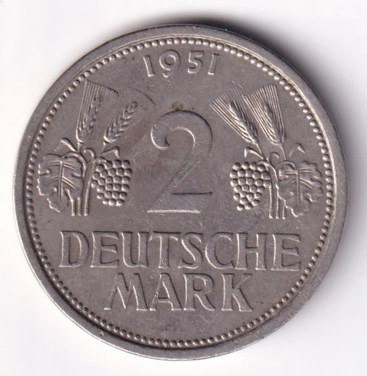 Germany 1951J 2dem Two Deutsche Mark Copper-Nickel Coin Hamburgishe Munze Mint - cscoinsnbanknotes