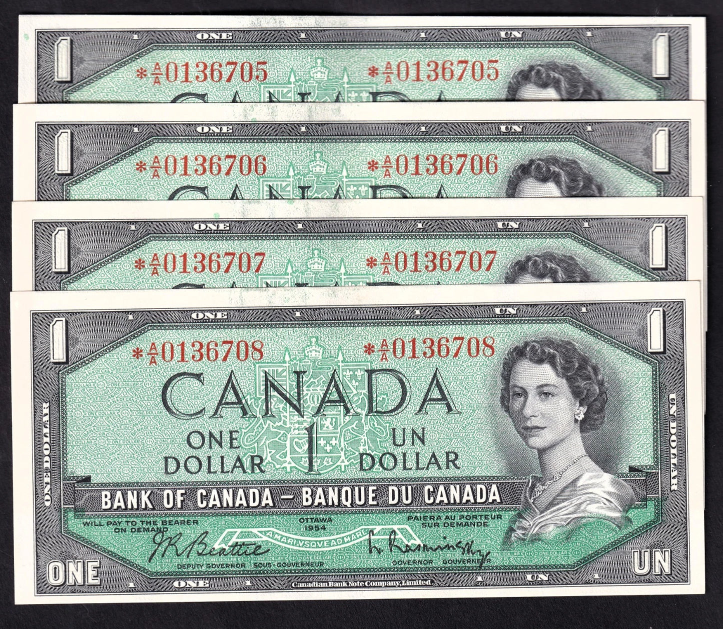 Canada 1954 $1 One Dollar Consecutive Banknotes Beattie - Rasminsky Prefix *A/A - cscoinsnbanknotes
