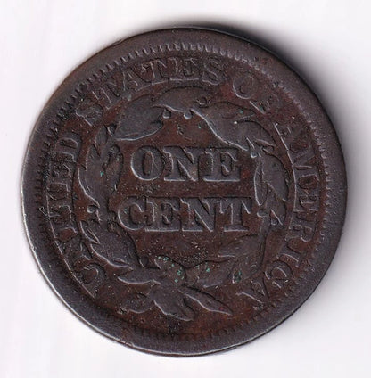 USA United States 1845 1c One Braided Hair Large Cent VG Very Good - cscoinsnbanknotes