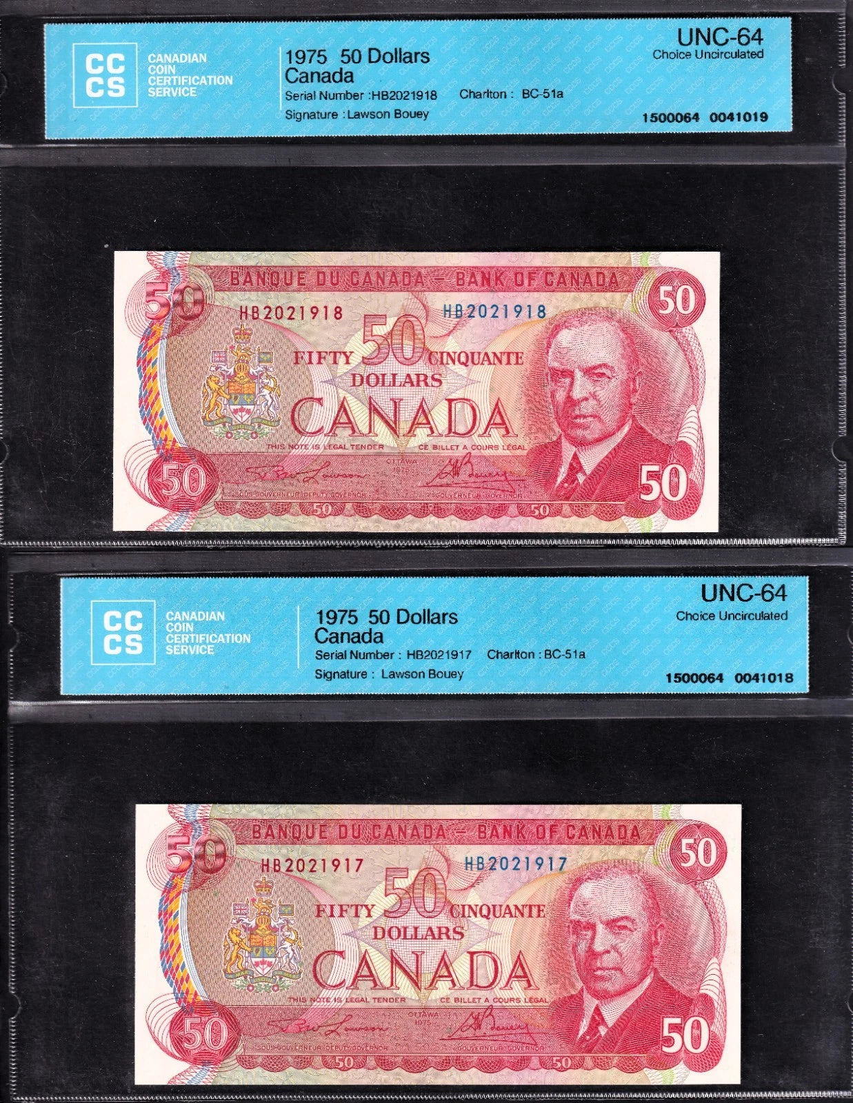 Canada 1975 $50 Fifty Dollar Two Consecutive Banknotes Lawson-Bouey CCCS Graded UNC64 - cscoinsnbanknotes