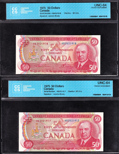 Canada 1975 $50 Fifty Dollar Two Consecutive Banknotes Lawson-Bouey CCCS Graded UNC64 - cscoinsnbanknotes