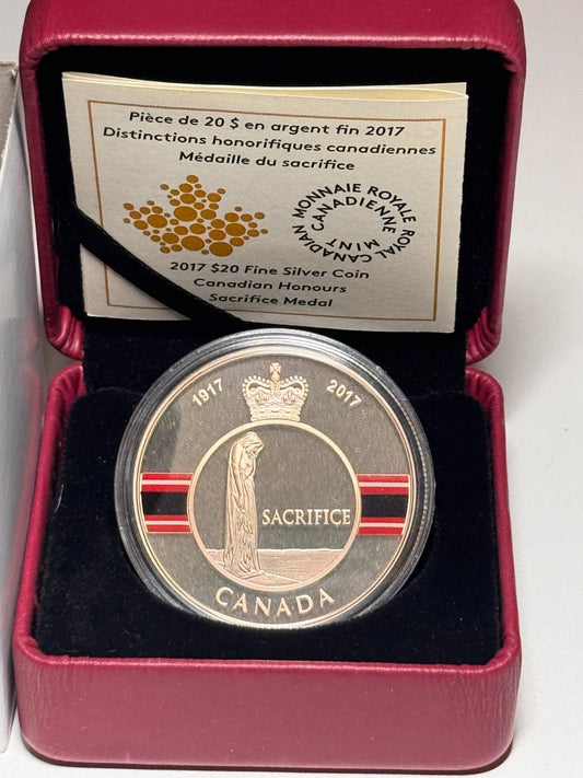 Canada 2017 $20 Canadian Honours: Sacrifice Medal 99.99% Pure Silver Color Proof