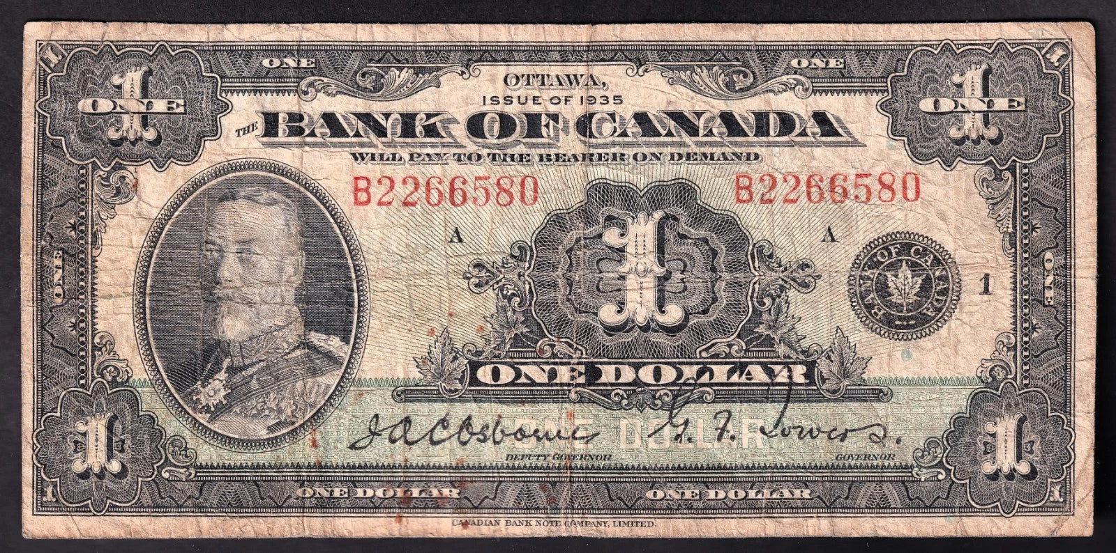 Bank Of Canada 1935 $1 One Dollar Banknote Osbourne - Towers VG - cscoinsnbanknotes