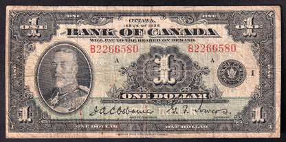 Bank Of Canada 1935 $1 One Dollar Banknote Osbourne - Towers VG - cscoinsnbanknotes