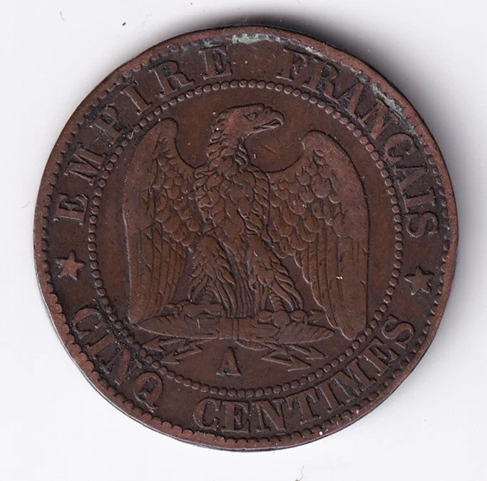 France 1865A 5c Five Centimes Bronze Coin Emperor Napoleon III Paris Mint - cscoinsnbanknotes