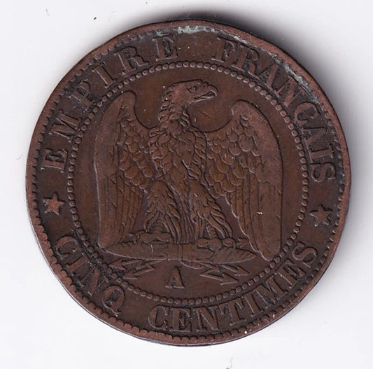 France 1865A 5c Five Centimes Bronze Coin Emperor Napoleon III Paris Mint - cscoinsnbanknotes