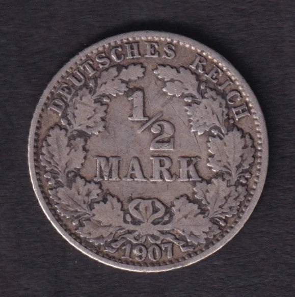 Germany 1907 1/2 One Half Mark Silver Coin Emperor William II .900 Silver - cscoinsnbanknotes
