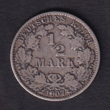 Germany 1907 1/2 One Half Mark Silver Coin Emperor William II .900 Silver - cscoinsnbanknotes