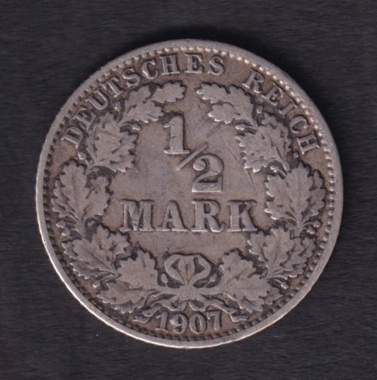 Germany 1907 1/2 One Half Mark Silver Coin Emperor William II .900 Silver - cscoinsnbanknotes