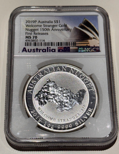 2019-P Australia 1oz Silver Welcome Stranger Gold Nugget NGC MS70 .999 $1 FR