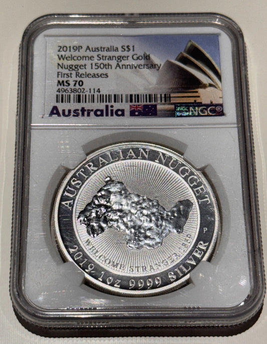 2019-P Australia 1oz Silver Welcome Stranger Gold Nugget NGC MS70 .999 $1 FR