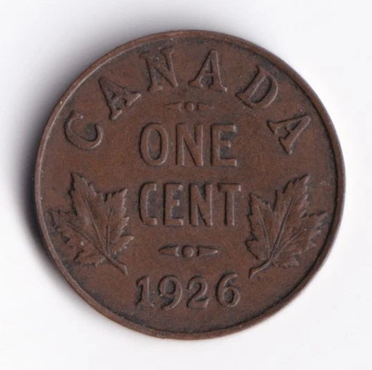 Canada 1926 1c One Small Cent Copper Coin King George V - cscoinsnbanknotes