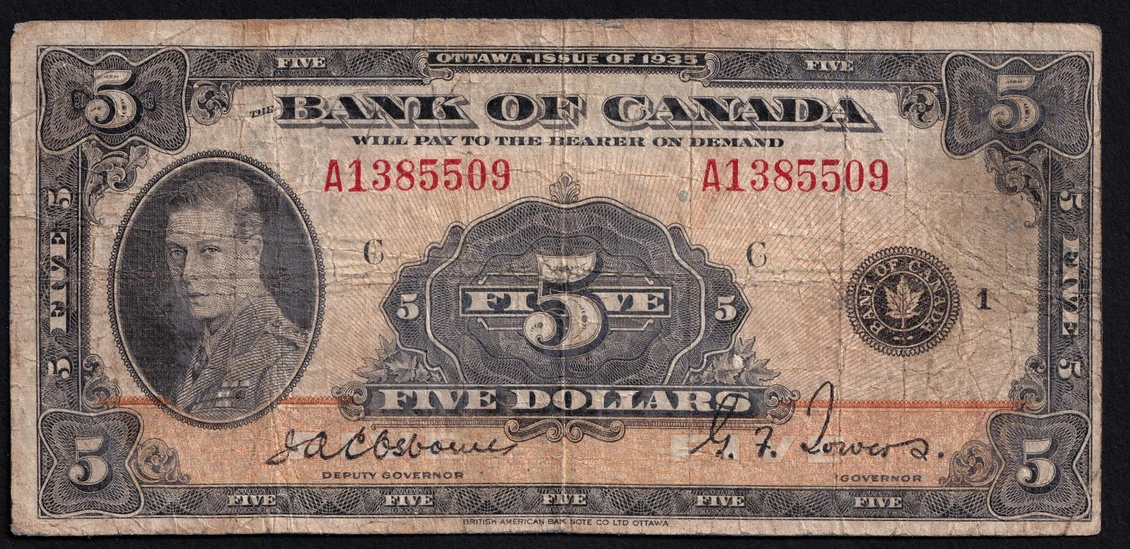 Canada 1935 $5 Five Dollar Banknote Osborne - Towers VG - cscoinsnbanknotes