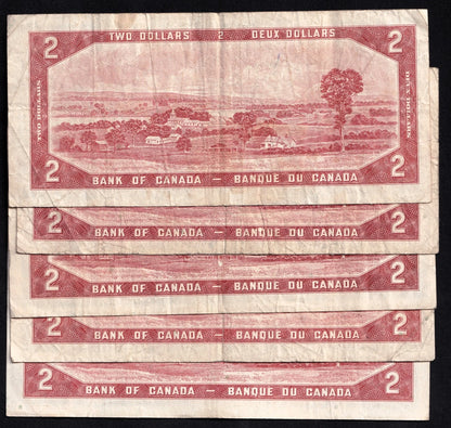 Lot Of 5x Canada 1954 $2 Banknote | Modified Portrait | Circulated - cscoinsnbanknotes